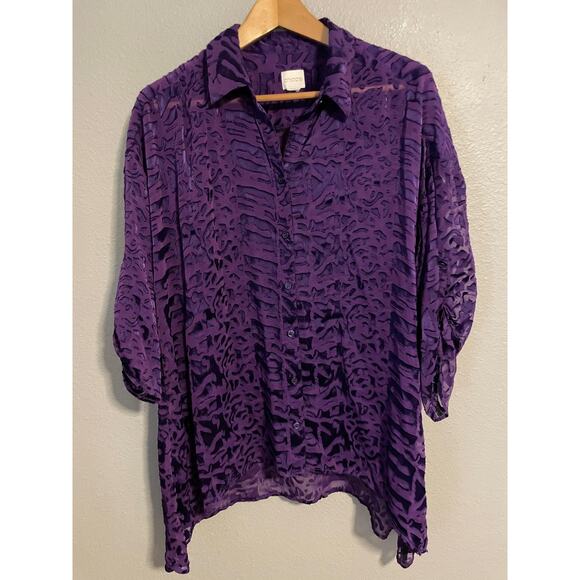 Chicos Shirt Womens Size 3 US XL Purple Geometric Button Up Collared Sheer READ - Picture 1 of 6